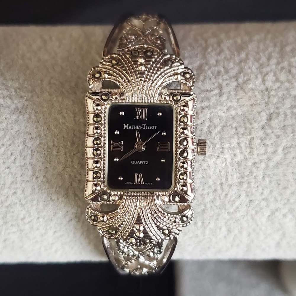 Mathey-Tissot Art Deco Marcasite Filigree Silver Tone Watch Black Dial Running - Picture 3 of 10